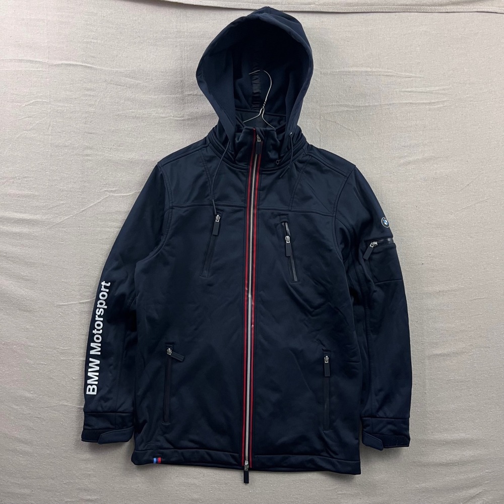 BMW Motorsport Softshell Jacket Mens Small Navy Blue Hooded Racing Zip